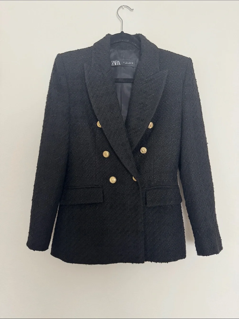 ZARA Tweed Textured Weave Double Breasted Blazer Black Gold Buttons Size Small